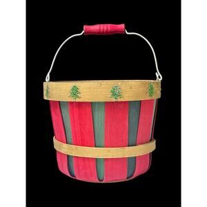 Festive Red & Green Slatted Christmas Bucket with Glitter Tree Accents 6.5" Tall